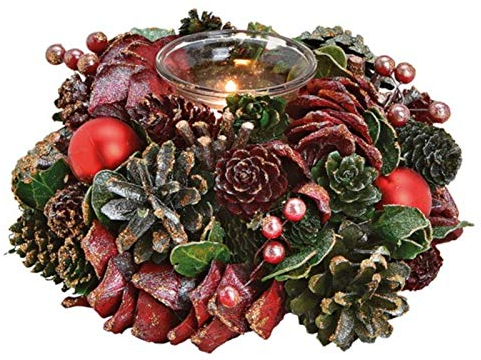 Weihnachtskranz Adventsgesteck Weihnachtsgesteck aus Holz und Kunststoff mit Windlicht aus Glas für Teelicht (Bordeaux-grün-Glitter) Ø19 x H9 cm