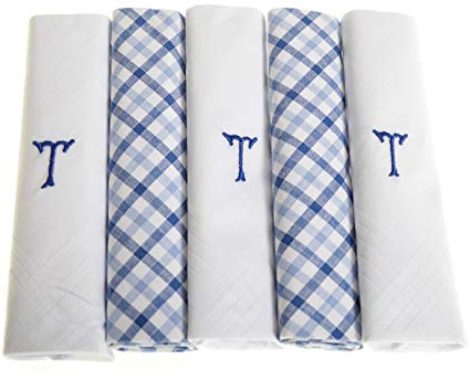 Surf the Shop 5 Stück bestickte Herren-Taschentücher mit Satin-Bordüre und blauem Karomuster, verschiedene Buchstaben, 5 Stück, T, 5 Pack