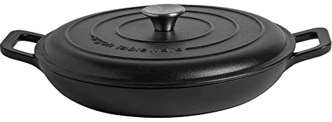Argon Tableware 2.3L Shallow Cast Iron Casserole Dish with Self-Basting Lid - Matte Black - 1x Induction Hob Cooking 2.43QT Dutch Oven Bread Baking Serving Roasting Stew Stock Pot Cookware Pan