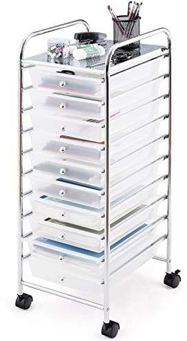 COSTWAY 10 Drawers Storage Trolley, Home Office Stationary Rolling Cart with 4 Wheels, Multipurpose Mobile Organiser Shelving Unit for Makeup Beauty Salon (Clear)