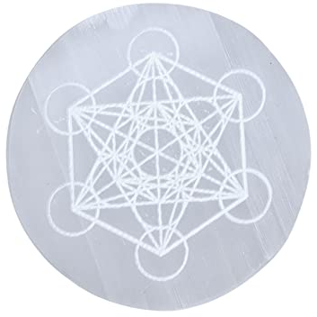 Selenite Crystal Charging Plate for Crystals and Healing Stones, 4.3 Selenite Crystal Plate Engraved Metatron Cube Coaster for Home Office Table Decor (Selenite Round Disc)