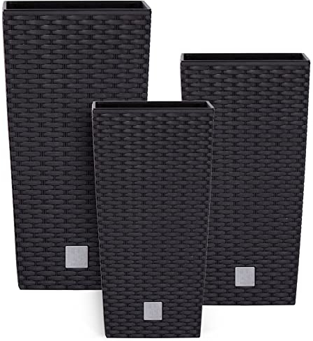 botle Lot de 3 Pots de Fleurs carrés en rotin - Hauteur : 55 cm - 61 cm - 75 cm - Anthracite - en Plastique - avec Insert pour Plantes