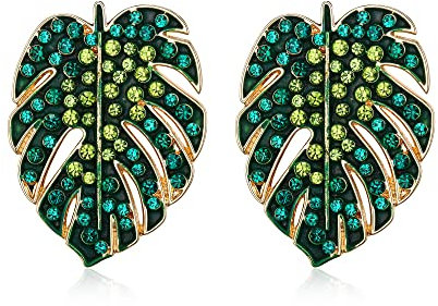 EVER FAITH Monstera Stud Earrings, Rhinestone Crystal Green Leaf Palm Leaf Stud Earrings for Women Girls