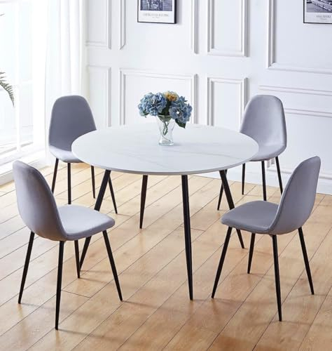 Hallowood Furniture Cullompton Large Dining Table and Chairs Set 4, White Marble Effect Top Round Table and Chairs Upholstered in Grey Fabric Chairs with Black Metal Legs for Home and Cafes