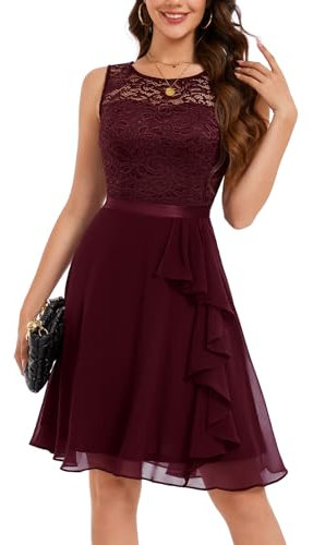 Berylove - Vestido de cóctel elegante con dobladillo de volantes para mujer, para boda, vestido de noche corto acampanado con encaje, granate, S