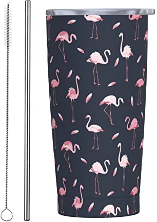 IUBBKI Edelstahl-Thermobecher, 590 ml, rosa Flamingo-Kaffeebecher, klassische Kaffeetasse mit Trinkhalmen, Reisebecher, für Frauen, Camping, Tee