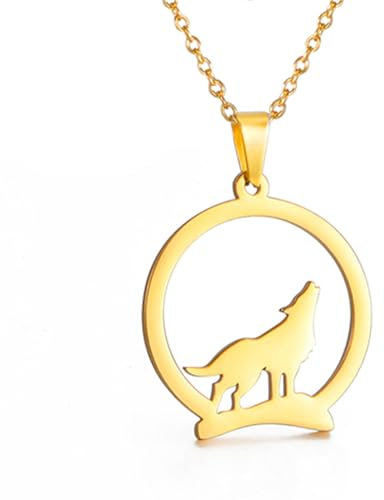 TEAMER Edelstahl Hohler Wolf Halskette Einsamer Heuler Wolf Tier Halskette Punk-Vintage-Schmuck für Frauen (Stil 3 - Gold)