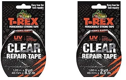 T-Rex Tape Ferociously Strong Clear Repair Tape, 48mm x 8.2m easy to tear by hand and it sticks to wet surfaces in all weather and is UV resistant (Pack of 2)