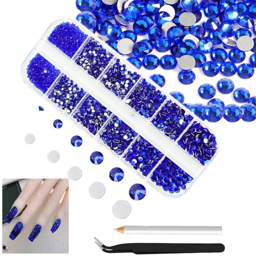 4200Stk Tiefblau Nagel Strasssteine, SS6-SS200 Dunkelblau Nagel Strasssteine, runde flache Rückseite K9 Glas funkelnde Nagel Edelstein Nail Art Charms