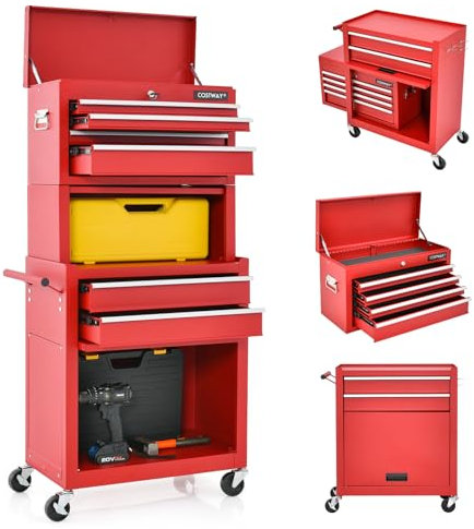 GOPLUS Servante d’Atelier avec Coffre Amovible, 33 x 62 x 132CM, Caisse à Outils Roulant avec 6 Tiroir Verrouillable & Armoire à Étagère avec 4 Crochet, pour Garage, Atelier, Charge 90kg(Rouge)