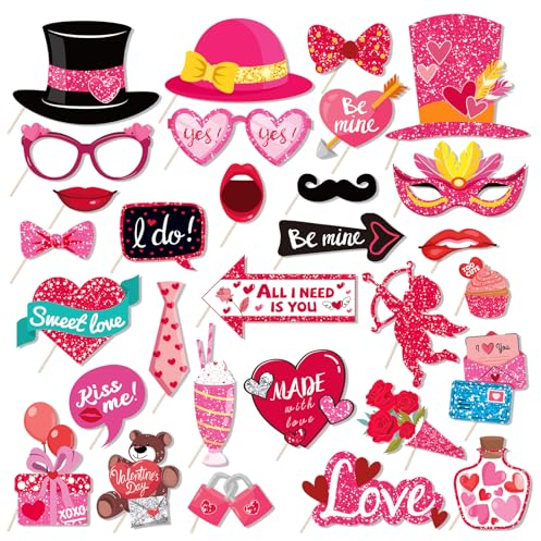Fotobox Requisiten Neon Party Fotobox Accessoires Foto Booth Props mit Stick für Geburtstag, Karneval, Hochzeit,Weihnachtsparty, Disco Party Zubehör Deko Gadgets (Rosa)