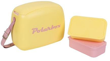Kreher Kühltasche mit Brotdose, Kühlbare Lunchbox, Passive Kühlbox für Lebensmittel, Medikamente, Mittagessen im Retro-Design (Gelb/Rosa)
