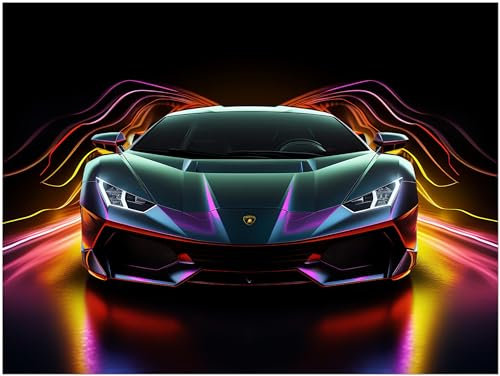 Auto Poster - Lamborghini Aventador Neon Sportwagen Kunstdruck Illustration Wandbild P486N (60x45 cm)