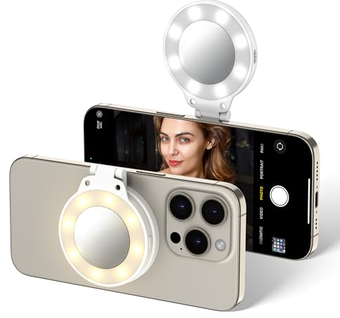 JJC Magnetisches LED-Selfie-Ringlicht Handy Selfie Mirror mit 3 Helligkeitseinstellungen – rastet auf dem Handy EIN, umklappbares Design, Typ-C aufladbar für iPhone 16 15, 14, 13