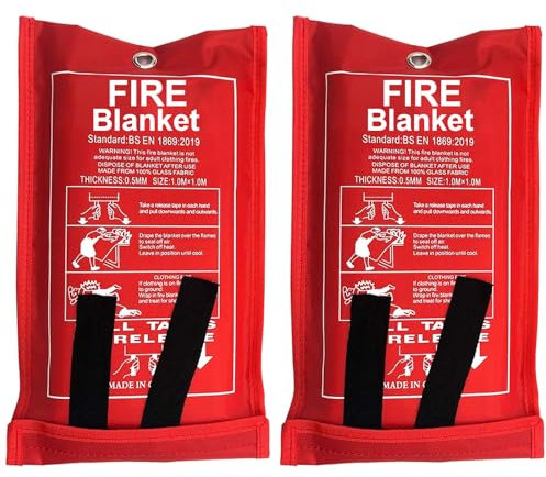 Lot de 2 couvertures anti-feu en fibre de verre souple pour cuisine, entrepôt, bureau, cheminée, 1 m x 1 m, couverture de sécurité incendie à dépliage rapide avec boucles