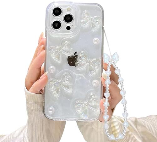 Ownest Compatible with iPhone 15 Pro Case with Clear Cute Bling 3D Bowknots Pearl Aesthetic Patterns for Women Teen Girls, Glitter Sparkle Back and Lens Protective Phone Case Cover+Chain