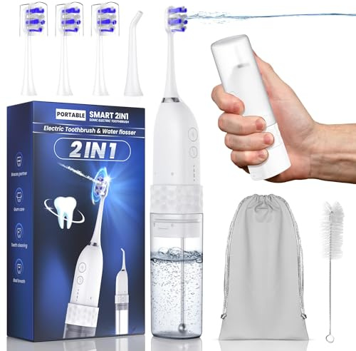 Electric Toothbrush with Water flosser, 2 in 1 Teeth Cleaning Kit, Toothbrush and Water flosser Combo, Travel Toothbrush with Water Bottle(White)