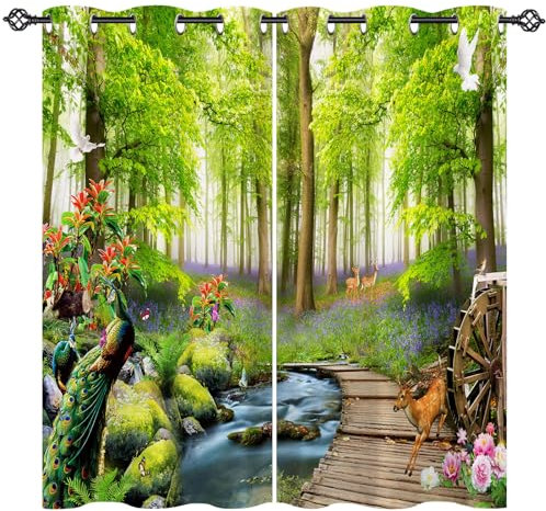 ANHOPE Natur Tier Hirsch Pfau Creek Vorhänge mit Ösen Blickdichte Gardinen Thermo Vorhang Blackout Curtain Schlafzimmer Wohnzimmer Weich Verdunklungsvorhänge 2er Set H 138 x B 117 cm