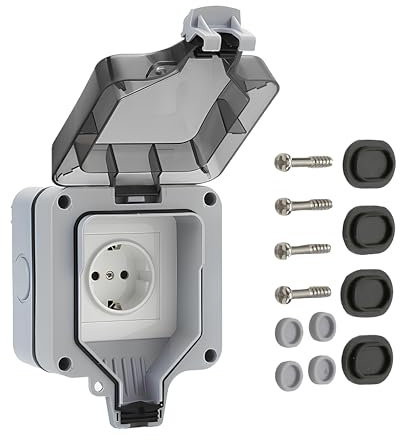 Prese Elettriche da Muro, IP66 Presa Stagna da Esterno con Coperchio Antipolvere, Presa Esterna Impermeabile Unipolare, Protezione Contro i Contatti, per Bagno, Garage, Piscina e Giardino