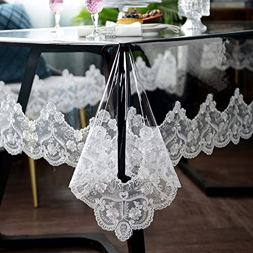 Transparente Kunststoff-Tischdecke, wasserdicht, runde PVC-Tischdecke mit Makramee-Spitze, ölabweisend, Tischabdeckung für Esstische, Partys und Urlaub