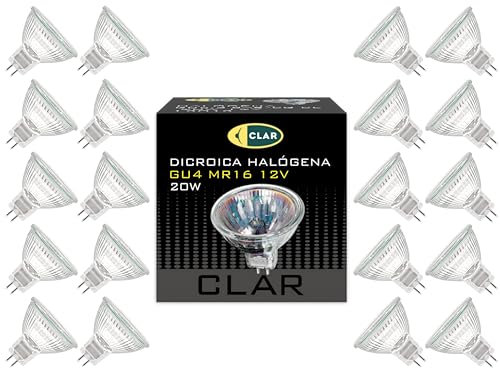 CLAR - Halogen GU4 12V 20W Glühbirne, Warmweiß 35mm Steckbirne, MR11 Kompatibel, Spot Halogenlicht (Pack 20)