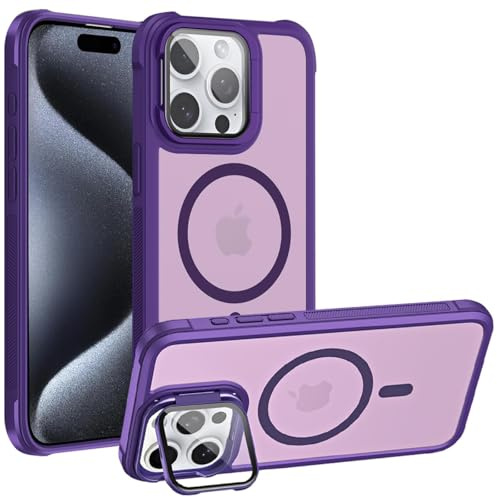 Verco Custodia protettiva per iPhone 15 Pro Max, magnetica, ibrida con protezione per fotocamera pieghevole, compatibile con MagSafe, colore: lilla opaco