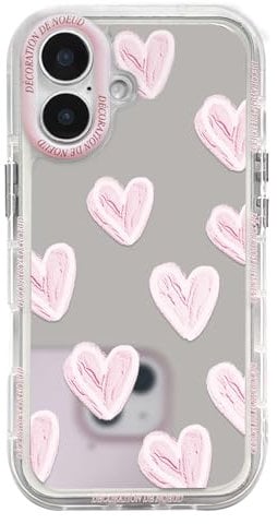NITITOP Compatible with iPhone 16 Case Cute Glossy Mirror Love Heart Pattern for Women Girls Pink Lens Bezel Design Shockproof Silver Protective Phone Cover - Pink Heart