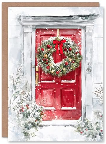 Artery8 Snow Covered Bauble Wreath Red Door For Child Kids Xmas Festive Christmas Card
