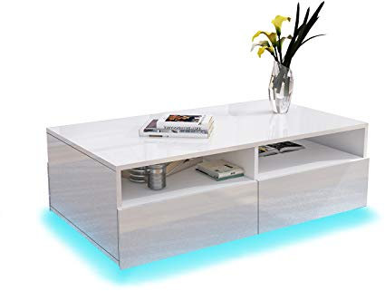 Chebinsiti Coffee Table for Living Room, White Gloss Coffee Table with LED Lights 4 Drawers and 2 Open Shelves Rectangle Centre Tea Table with Storage for Home Office Furniture