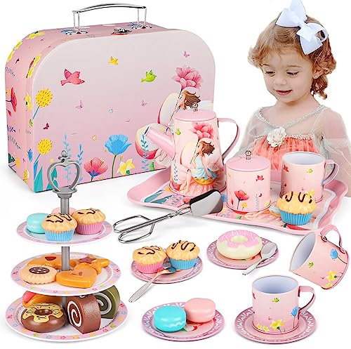 35 Pièces Service à Thé Enfant, Jouet Fille 3 4 5 6 7 8 Ans Princesse Dînette Enfant Jeux de Rôle Cafetière Accessoires Cuisine avec Dessert et Boîte Cadeau Anniversaire Noël pour Petit Filles (Rose)