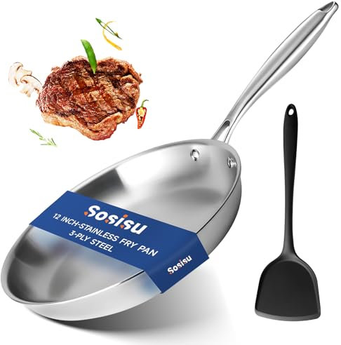 30cm Stainless Steel Frying Pan, Frying Pan for Searing & Sauteing, 5 Ply Stainless Steel Cookware for Durability & Even Heating with Silicone Frying Spatula, Compatible with All Cooktops Up to 600℉