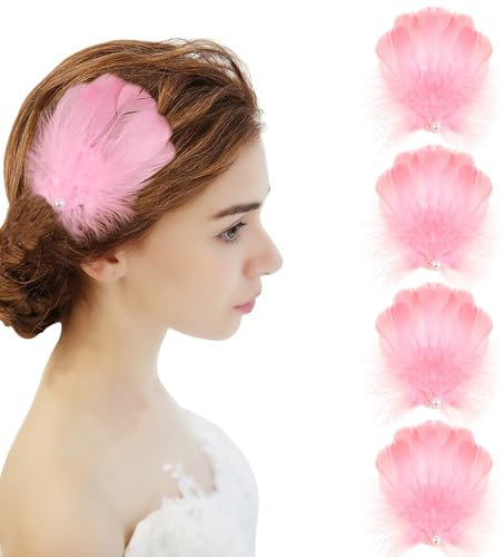 MWOOT 4 Stück Rosa Feder Haarspangen, Rosa Feder Kopfbedeckung Haarschmuck für Frauen Mädchen, Perlenhaarteil für Karnevalskostüm, Braut Hochzeit Cosplay Party