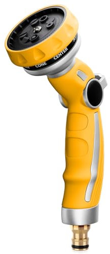 RESTMO Garden Hose Pipe Spray Gun, Metal Jet Nozzle Sprayer Heavy Duty with 9 Patterns, High Pressure Water Sprayer with Thumb Flow Control, Ideal for Lawn & Plant Watering, Car & Pet Washing, Yellow