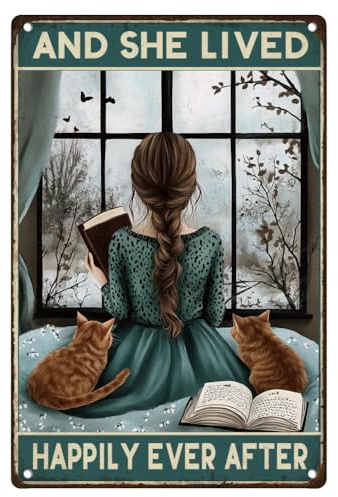 DOODLREAM Dame und Katze Blechschilder And She Lived Happily Ever After Vintage Metall Wanddekoration 20 x 30cm Wandkunst Poster für Zuhause Kaffeezimmer Clubs Badezimmer Dekoration Geschenk
