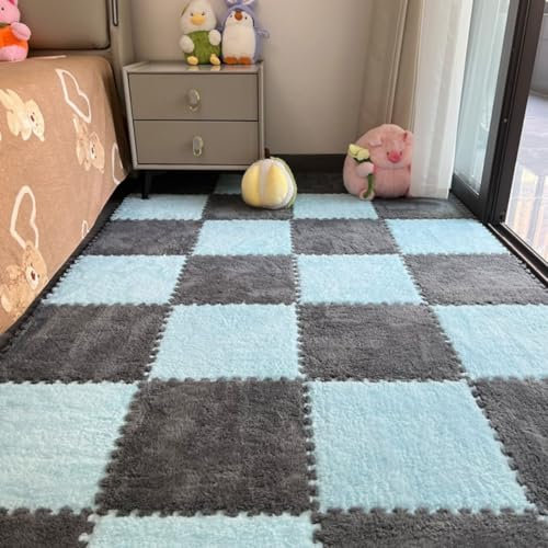 12Pcs Interlocking Carpet Tiles,12x 12 Plush Interlocking Foam Carpet Tiles with Border,Fluffy Play Mat Floor Tiles Thick Padded Squares Foam Tiles for Playroom Decor (Light Blue+Grey)