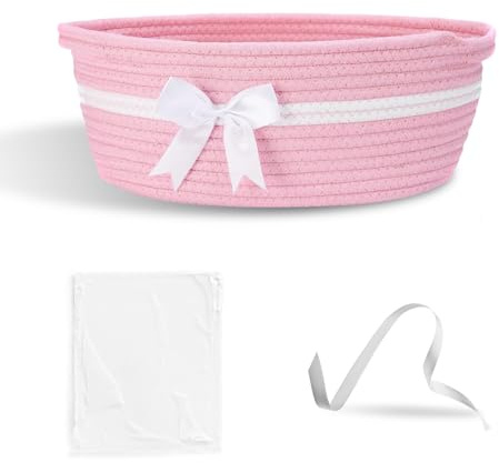 Rosa Geschenkkörbe Baby Hamper Korb Gewebtes Baumwollseil Geschenkkorb Korb Kit mit Geschenktüten und Bändern Rosa Korb mit Griffen für Babyparty Hochzeit Geburtstag 30 x 20 x 14 cm