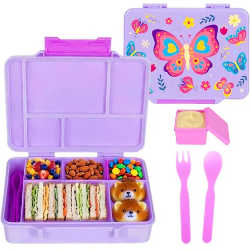 PinkSheep Brotdose Kinder 1300ml Bento Lunch Boxen, BPA-freie leckagesichere Kinder Lebensmittelbehälter mit 5 Fächern, zurück zu Schulschülern Daycare Lunches/Snack Container (Schmetterling)