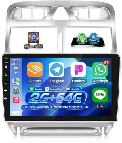 Radio de Coche para Peugeot 307 307CC 307SW 2002-2013, [2G+64G] Estéreo de Coche con 9 Pulgadas Pantalla Táctil Android con Wireless Carplay y Android Auto/Bluetooth/WiFi/Bluetooth/EQ/FM RDS Radio