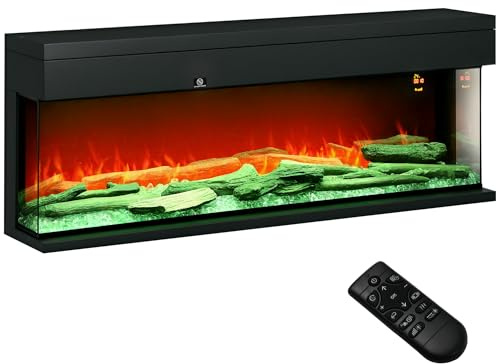 HOMCOM 60''/152cm 3-Sided Electric Fireplace Wall Mounted, Recessed, Insert, Freestanding, Glass Electric Fire with 7 Adjustable LED Flame Effect, Log, Crystal, Remote Control, 1800W, Black