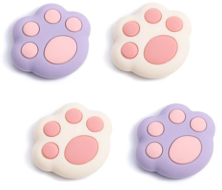 DLseego Capuchon Poignée Pouce Compatible avec la Manette Switch 2,4PCS 3D Chat Patte Forme Mignon Joystick Cover,Silicone Doux Anti-Dérapant Capuchon de PouceRose+Violet