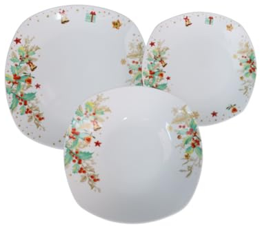 Omniacasa Poinçon - Service de vaisselle de Noël 18 pièces en porcelaine brillante, forme carrée avec décoration poinçon, pour 6 personnes - Lave-vaisselle et micro-ondes, idée cadeau élégante pour la
