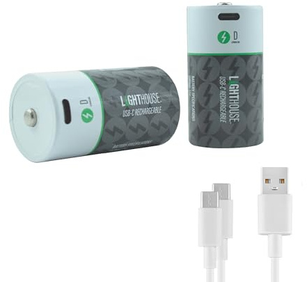 Lighthouse D Type USB-C Rechargeable Batteries Pack of 2 – 4800mAh Li-Ion 1.5V Battery Twin Pack with Fast 2.5h Charge, Up to 1200 Charge Cycles & Included Dual USB-A to USB-C Charging Cable