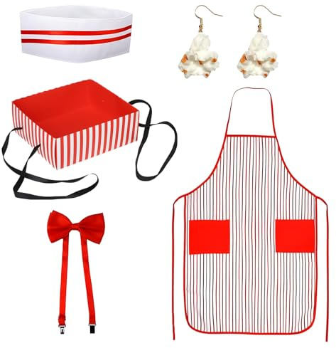 5 PCS Popcorn Kostüm, Kellner Kostüm im 50er Jahre Stil, Tablett, Schürze mit 2 Taschen, Kochmütze Fliege Und Popcorn-Ohrringe Set,Karneval Zirkus Cosplay Party