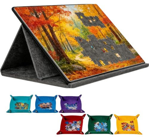 Puzzlebrett & Puzzletisch 1000 Teile – Kippbares Puzzlebrett mit 6 farbigen Sortierfächern, 2-in-1 Ständer & Abdeckung, Leichtes Puzzlemattenplateau aus Filz