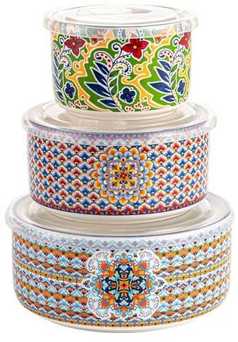 HENXFEN LEAD Servierschalen mit Deckel 3 teilig, Salatschüssel 330/600/950ml, Suppenschalen für Reste, Suppe, Müsli, Mittagessen, Bunte Müslischale - Bohemian Style