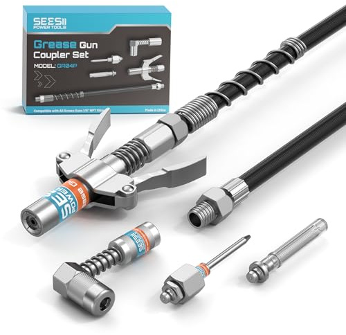 Seesii Kit Accessori per Ingrassatore, Testina Professionale,Adattatore 90° | con Tubo Flessibile 30 cm, Raccordo Rapido, Adattatore 90° e 2 Puntali per Lubrificare Facilmente Auto, Trattori e Macchinari