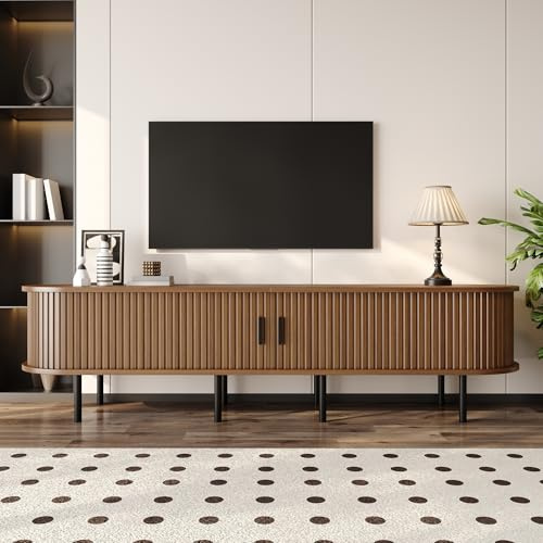 Merax TV-Schrank 170x40x46 cm, mit Schiebetüren, elliptische Medienkommode mit 2 offenen Fächern & Kabeldurchlässen, MDF-Korpus, Schwarze Metallfüße, Moderne Wohnzimmerschrank, dunkle Holzfarbe