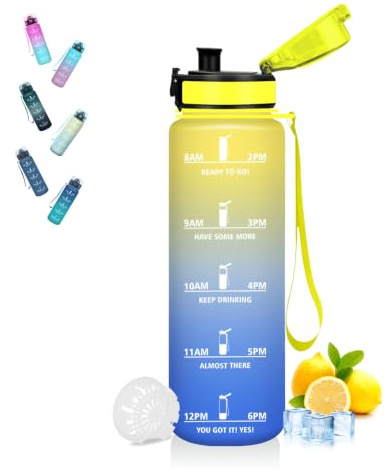 Mujigaga Trinkflasche 1l, Wasserflasche Auslaufsichere, Mit Zeitmarkierung und Schnürung, Trinkflasche Sport mit Filter, Sichere Verriegelung, Wasserflaschen für Camping, Wandern, Outdoor
