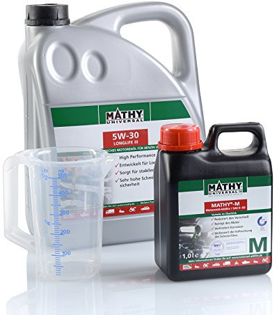 MATHY Motorenöl-Wechsel-Set (SAE 5W-30 Longlife III) + 1 Liter M Additiv + 500 ml Messbecher