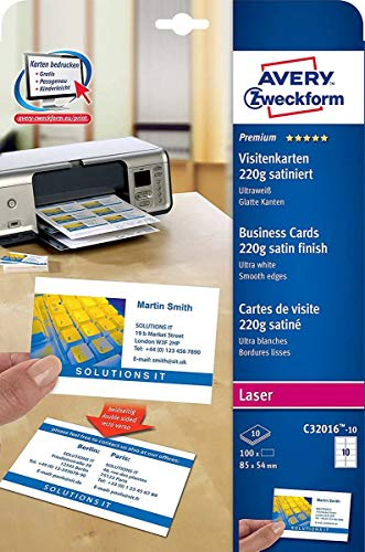 Avery Zweckform© C32016-10 Premium Visitenkarten, 85 x 54 mm, beidseitig beschichtet - satiniert, 10 Blatt/100 Stck